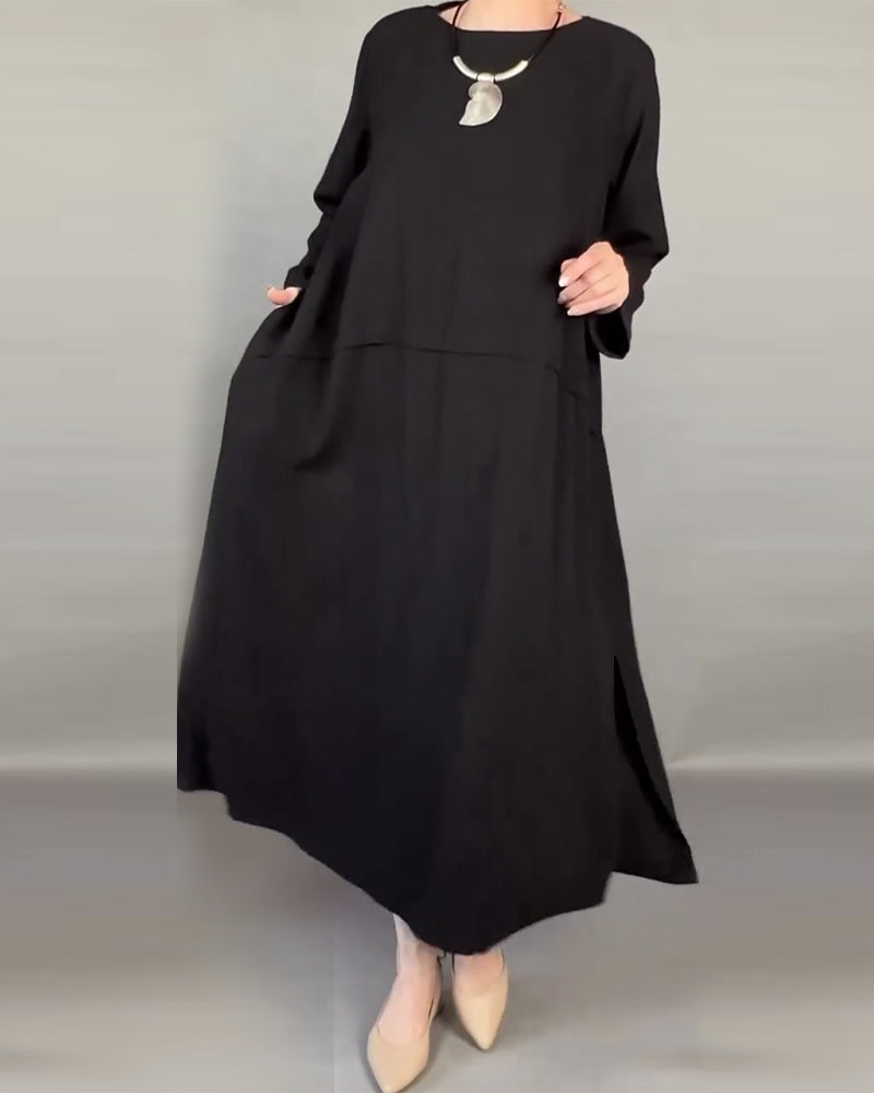 Plus Size Solid Color Loose Dress with Buttons