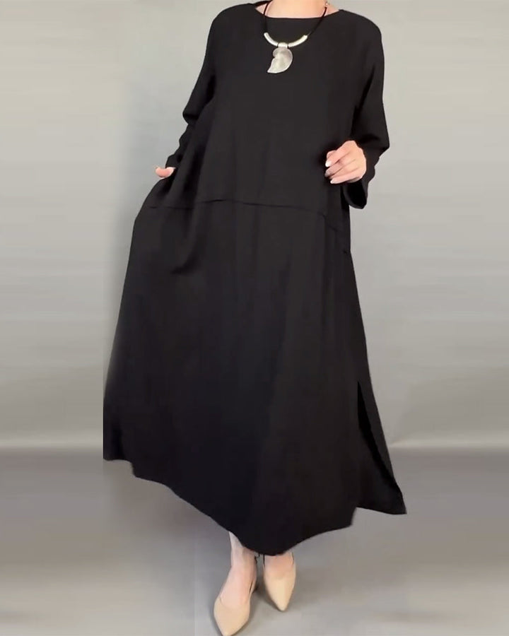 Plus Size Solid Color Loose Dress with Buttons